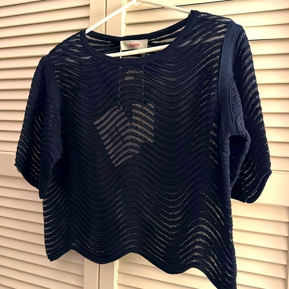 Jucca Designer Chevron Sheer Overlay Crop Top Small NWT Midnight Blue